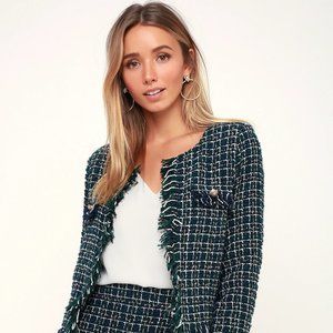 NWT Lulus Black and Green Plaid Tweed Fringe Cropped Jacket
